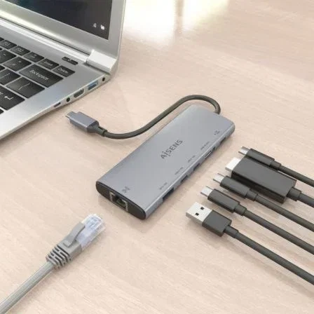 Aisens Docking USB Tipo-C 6 en 1 con HDMI 4K, RJ45, 1xUSB-A y 2xUSB-C, Gris